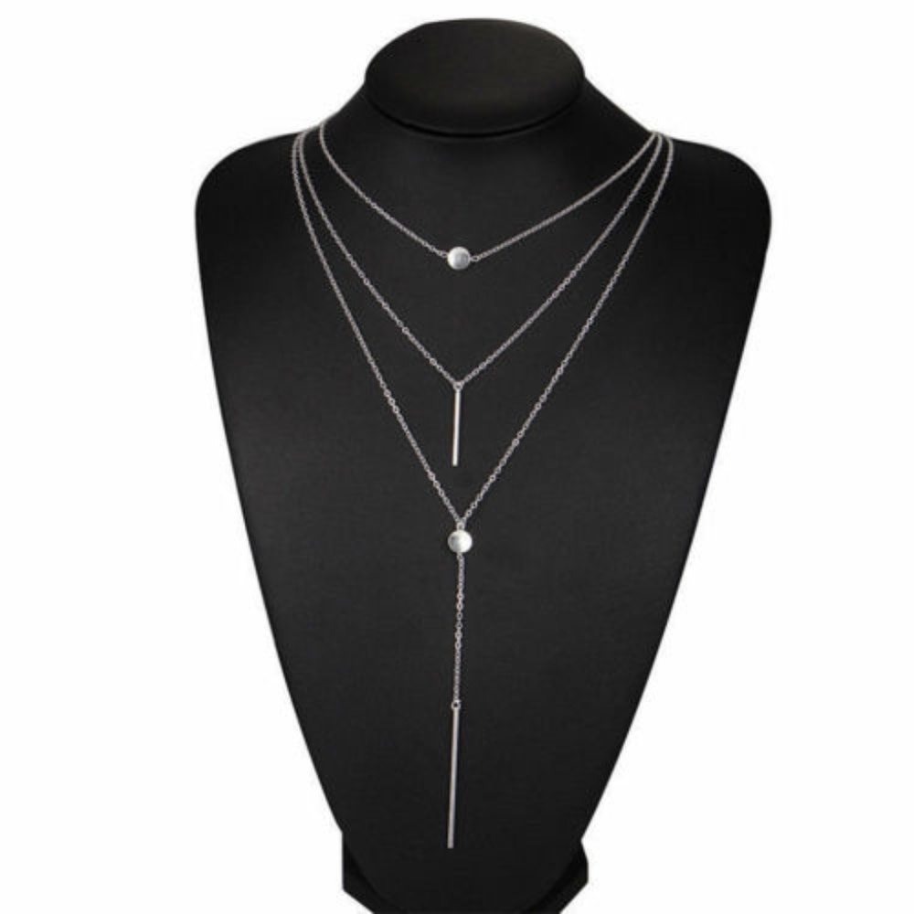 New bar and circle layered drop pendant necklace